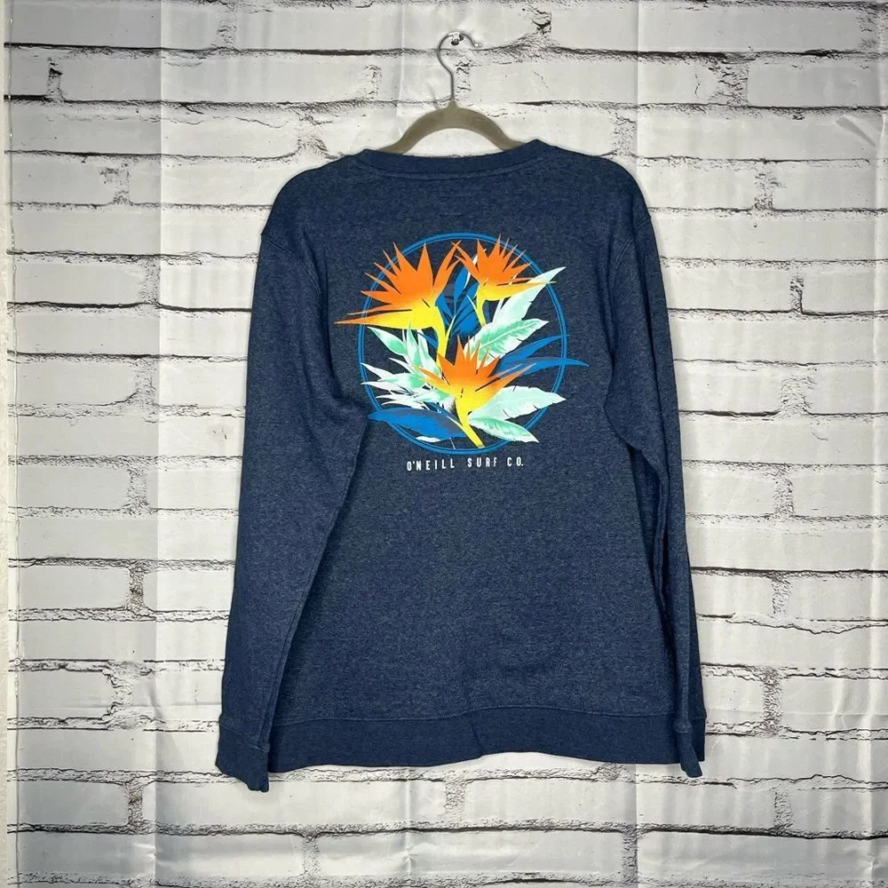 O'Neill Blue Crewneck Graphic Surf Sweater with Ribbed Cuffs Beach SZ L Unisex